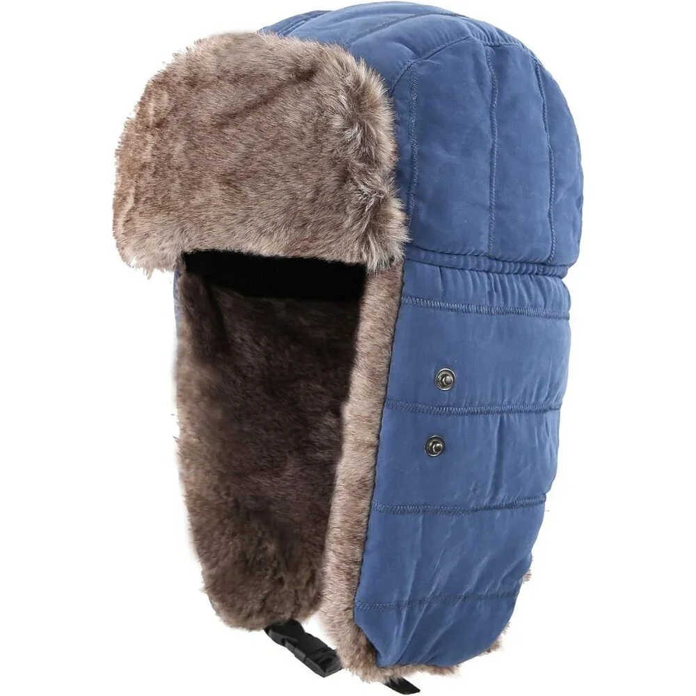 Men's Blue Trooper Trapper Hat Warm Winter Hunting Cap w/ Removable Mask